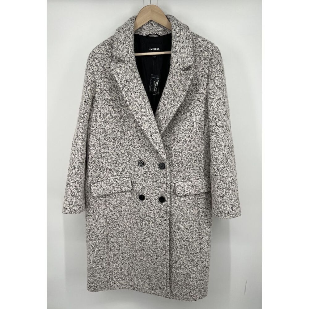 NEW Express Tweed Light Gray Wool Blend Button Front Women's Coat Size Large
